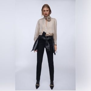 ZARA metallic thread long sleeve blouse with flower and tie. Size M. NWT.